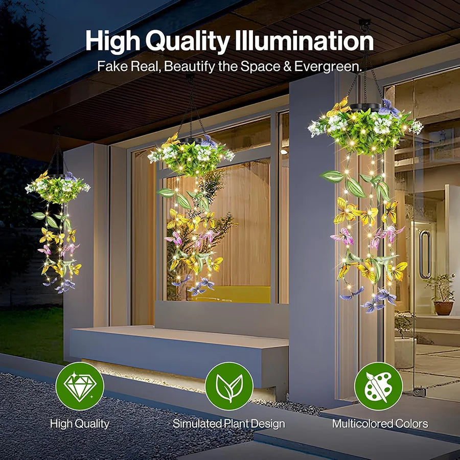 2 Pcs Solar Artificial Vines Hanging Light LED Fairy Lights Fake Butterfly Flower Decor Waterproof Garden Patio Festive