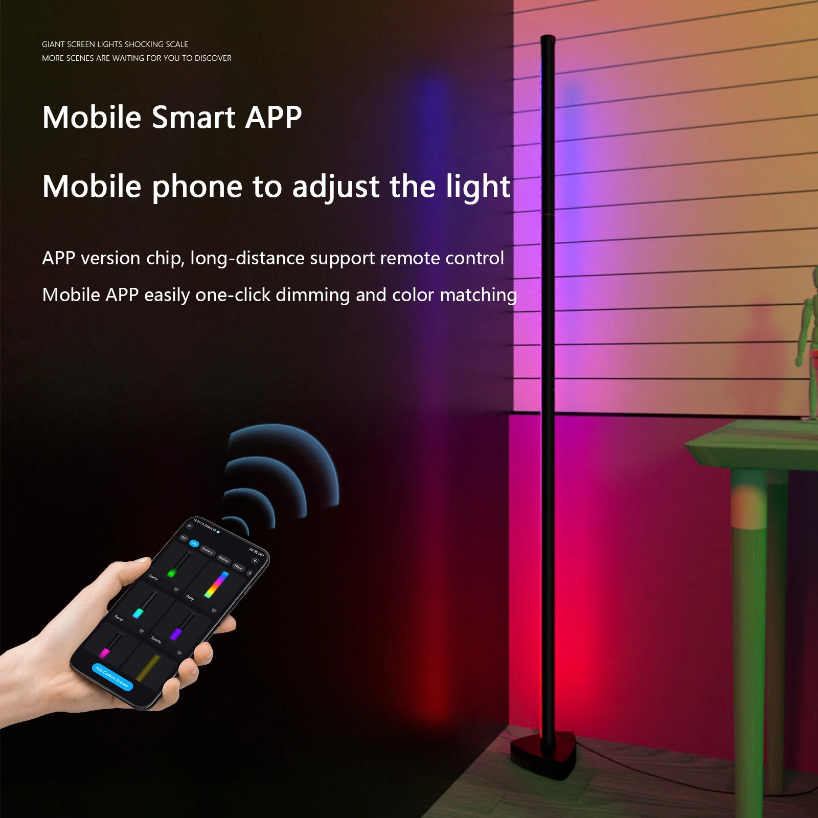 110-240V LED Smart RGBIC Corner Floor Lamp with APP and Remote Control 146cm DIY Length Dynamic Mode Pickup Rhythm Million Color