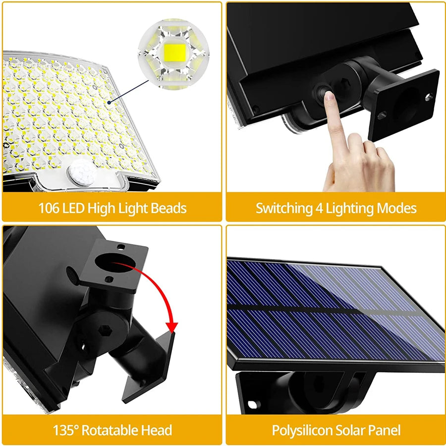 106LED Solar Security Lights Outdoor 3 Modes Waterproof Solar Motion Sensor Wall Light Solar Powered Flood Lamp Garage Garden