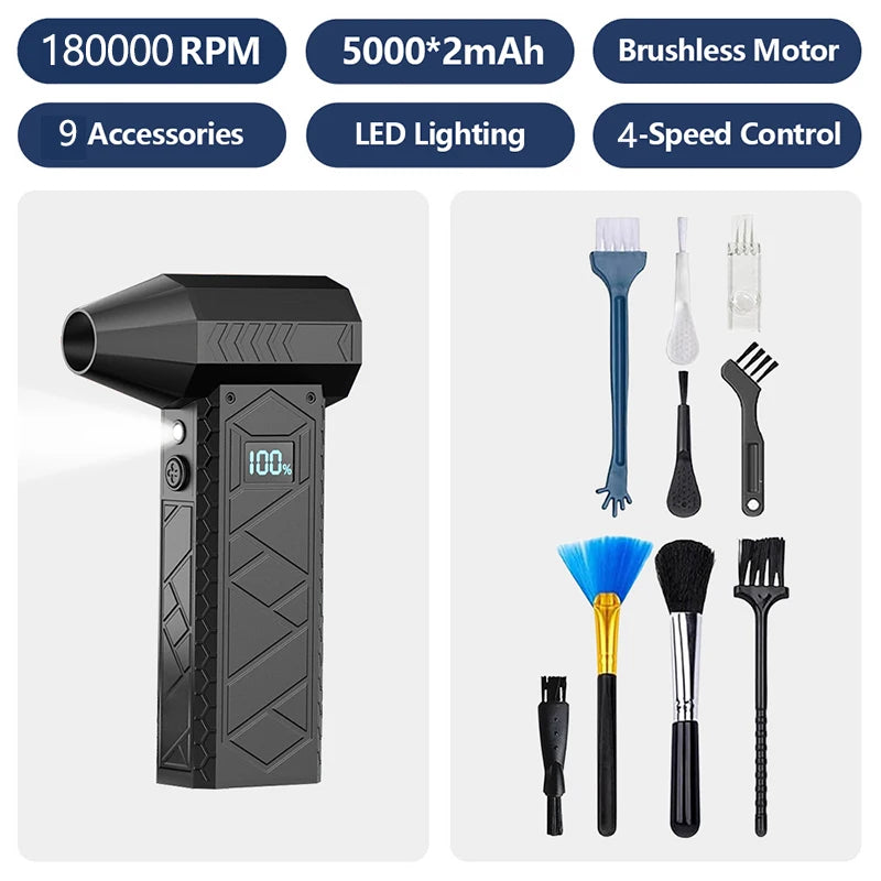 180000RPM 4-Gear Adjustable Portable Air Duster Super Power Electric Dust Blower LED Working Light Rechargeable Mini Violent Fan