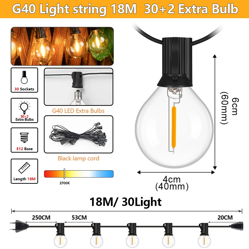 15M Outdoor G40 LED Globe String Lights Dimmable Waterproof Shatterproof Light Strings with 25 Bulbs Connectable Hanging Lights