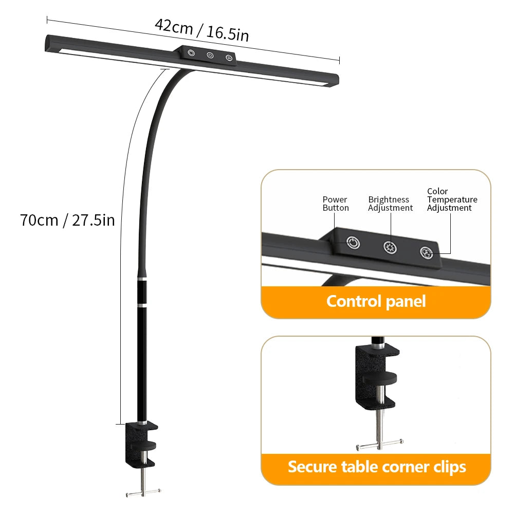 10W LED Desk Lamp for Office Home Eye-Caring Clamp USB Desk Lamp with 5 Color Stepless Dimming Flexible Gooseneck Touch Control