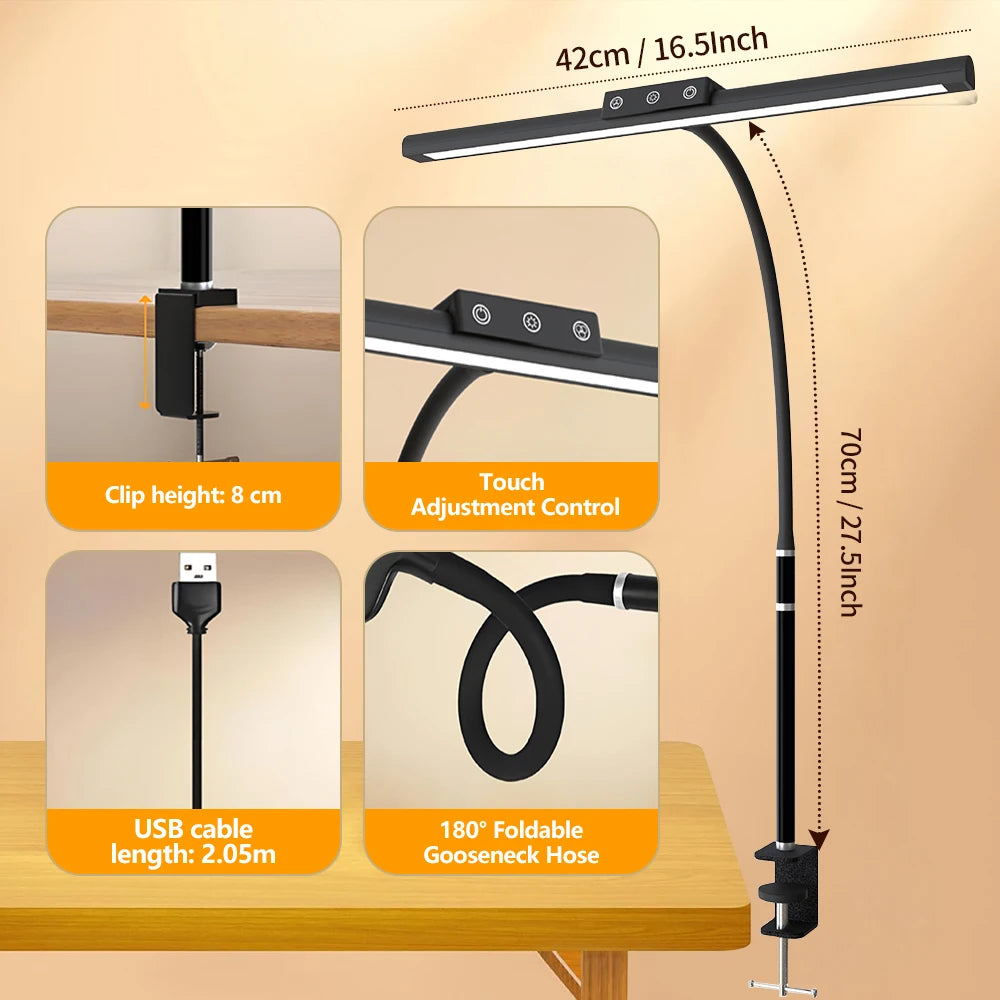 10W LED Desk Lamp for Office Home Eye-Caring Clamp USB Desk Lamp with 5 Color Stepless Dimming Flexible Gooseneck Touch Control
