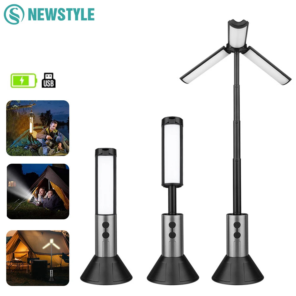 2 in 1 LED Camping Light High Bright Flashlight USB Rechargeable Zoom with Hook Outdoor Emergency Camping Lamp Stand Base