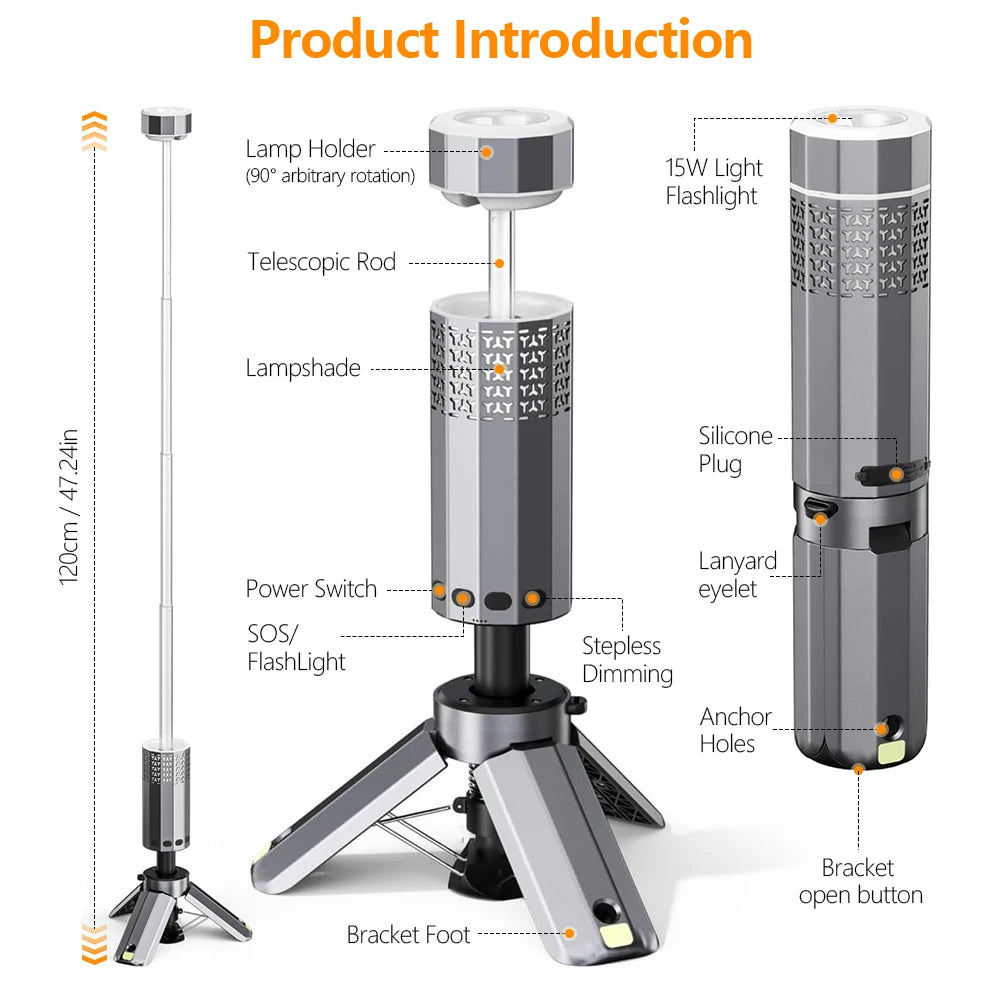 15600mAh Camping Lights Rechargeable Telescopic Portable Tent Magnetic Lantern Collapsible Flashlight Hiking Fishing Travel