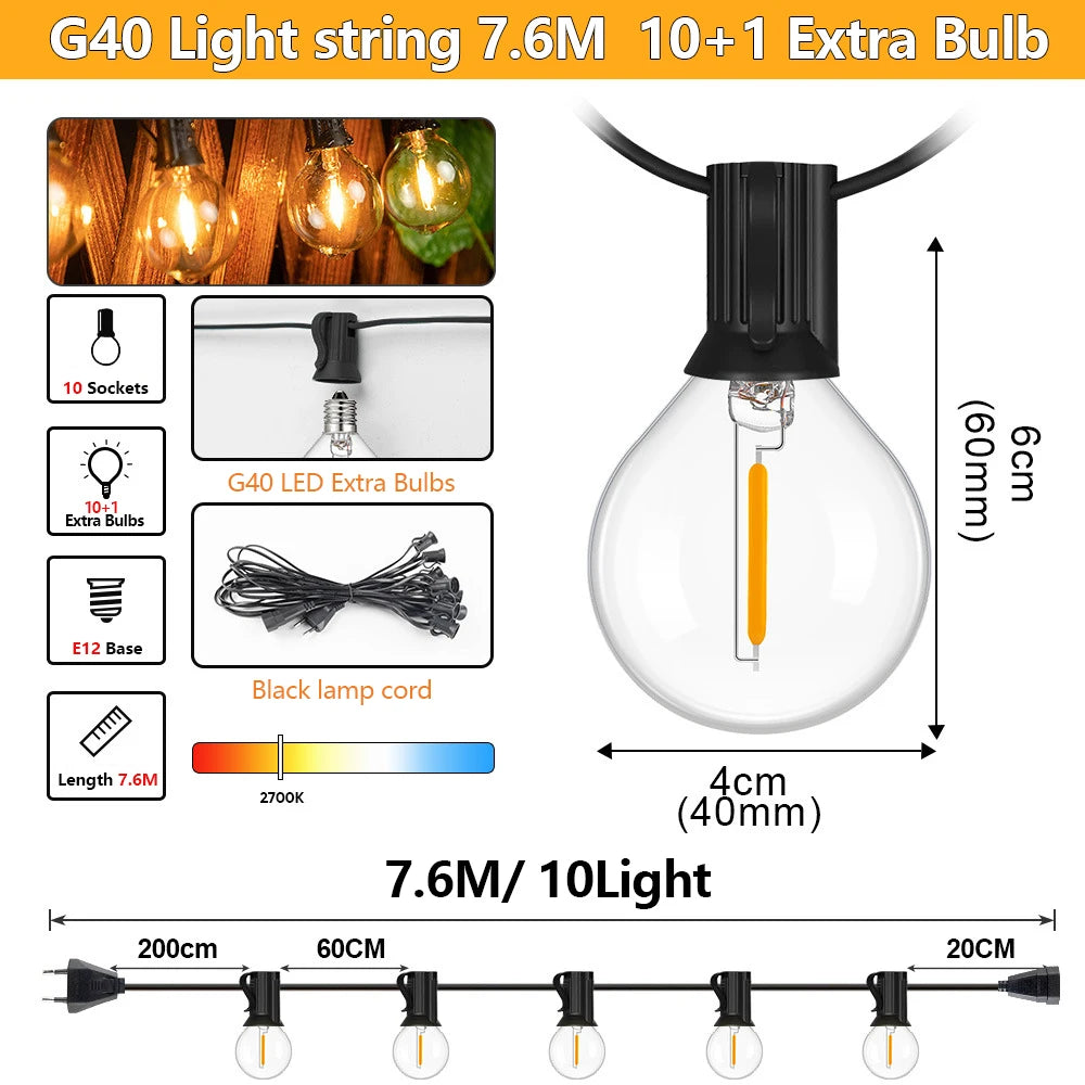 15M Outdoor G40 LED Globe String Lights Dimmable Waterproof Shatterproof Light Strings with 25 Bulbs Connectable Hanging Lights