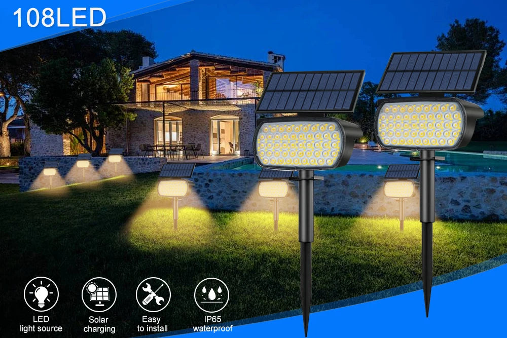 108 LED Outdoor Solar Lights Solar Landscape Spot Lights Adjustable Garden Decor Solar Powered Flood Wall Lights Pathway