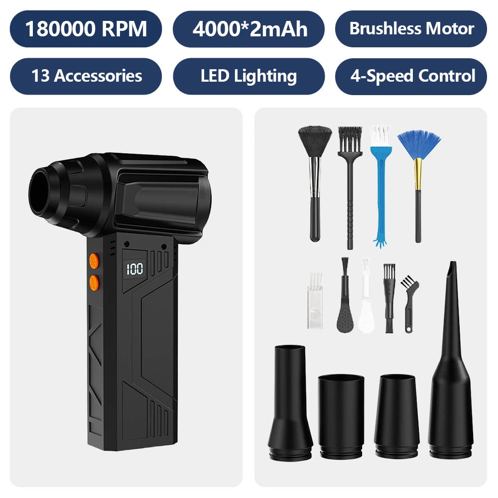 180000RPM 4-Gear Adjustable Portable Air Duster Super Power Electric Dust Blower LED Working Light Rechargeable Mini Violent Fan