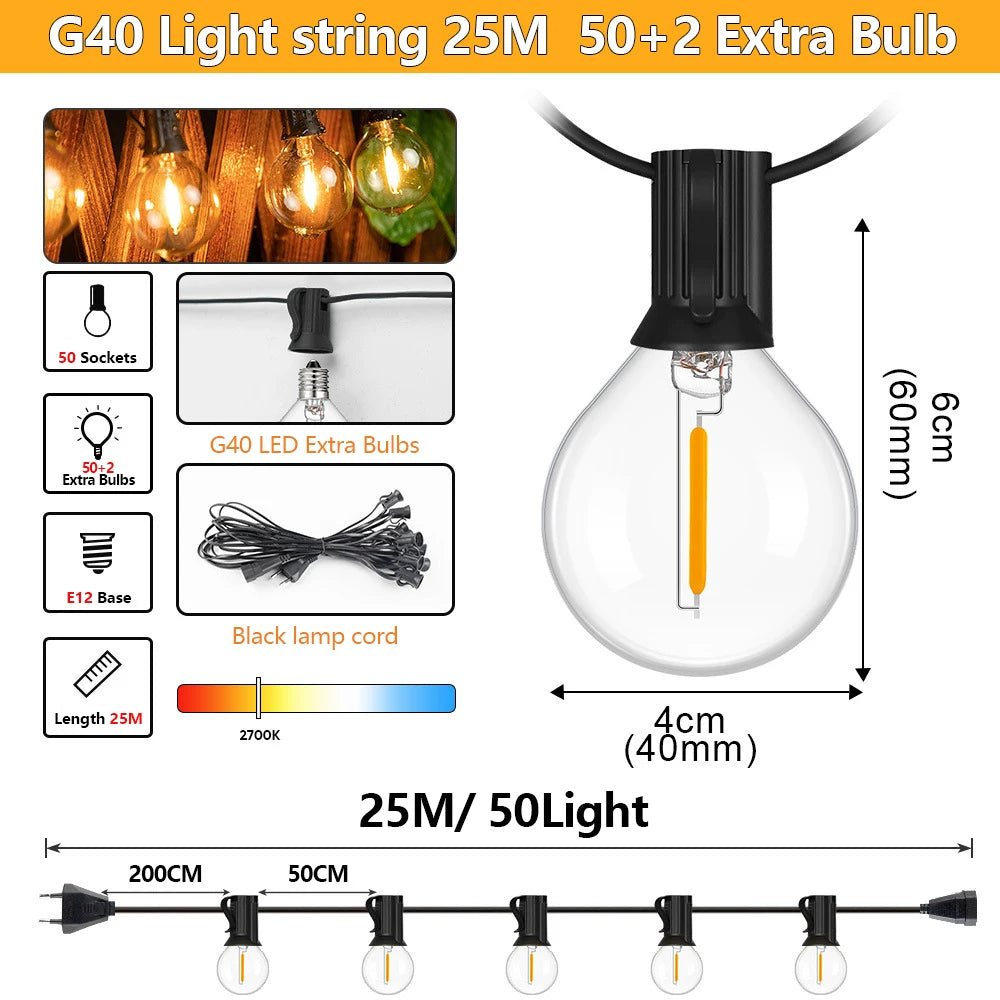 15M Outdoor G40 LED Globe String Lights Dimmable Waterproof Shatterproof Light Strings with 25 Bulbs Connectable Hanging Lights