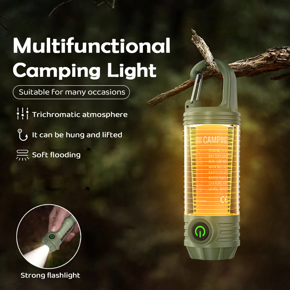 2 in 1 LED Camping Light High Bright Flashlight USB Rechargeable Zoom with Hook Outdoor Emergency Camping Lamp Stand Base