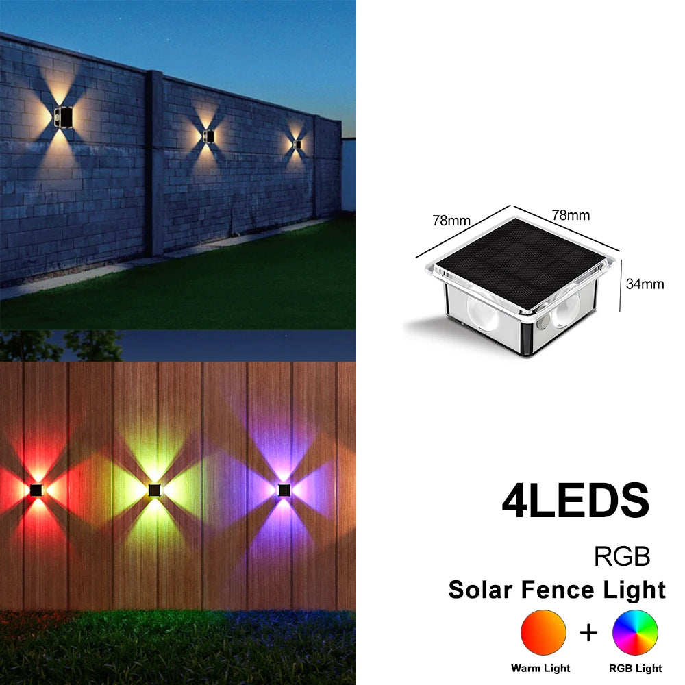 1-2PC Solar Fence Light Outdoor Warm White RGB 2/4LED Solar Powered Light Dusk to Dawn Solar Deck Light Waterproof Backyard Pool