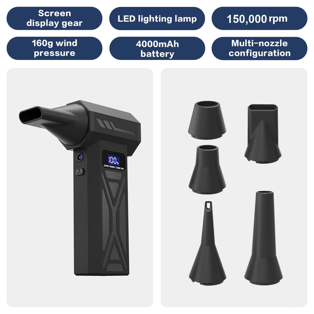 180000RPM 4-Gear Adjustable Portable Air Duster Super Power Electric Dust Blower LED Working Light Rechargeable Mini Violent Fan
