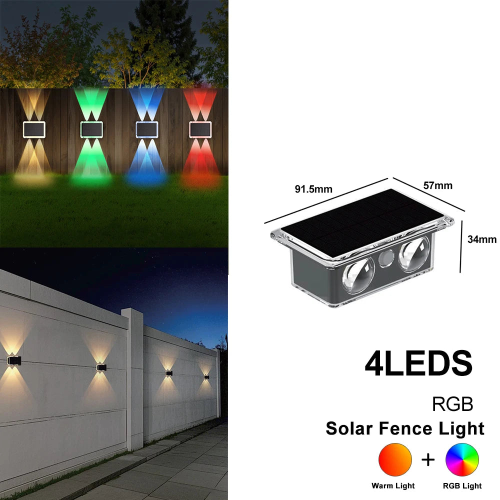 1-2PC Solar Fence Light Outdoor Warm White RGB 2/4LED Solar Powered Light Dusk to Dawn Solar Deck Light Waterproof Backyard Pool