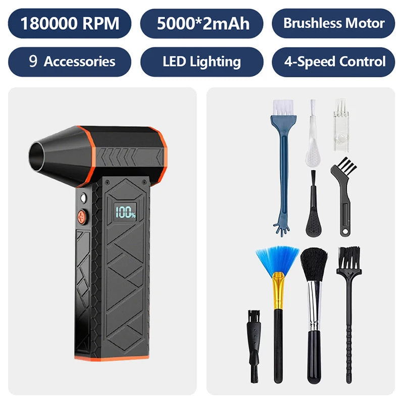 180000RPM 4-Gear Adjustable Portable Air Duster Super Power Electric Dust Blower LED Working Light Rechargeable Mini Violent Fan