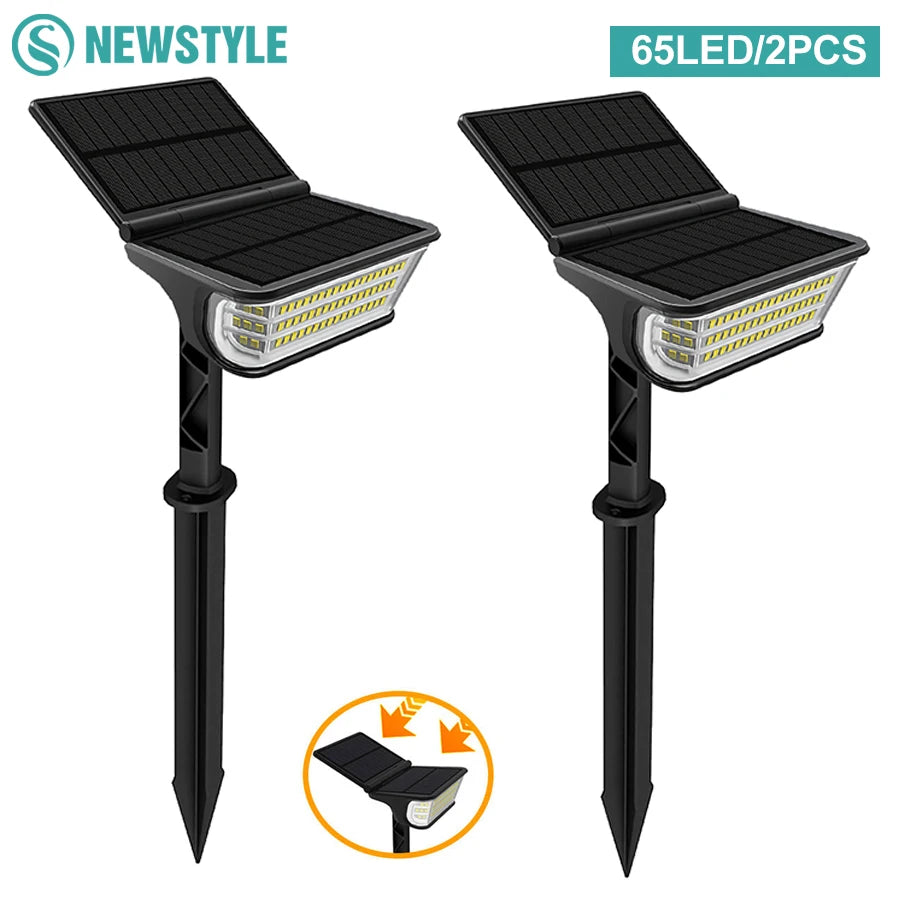 1-2PCS Solar Landscape Spotlights Garden 65LED Solar Pathway Light Outdoor  Dual Solar Panels Wall Lamp Waterproof Porch Garage