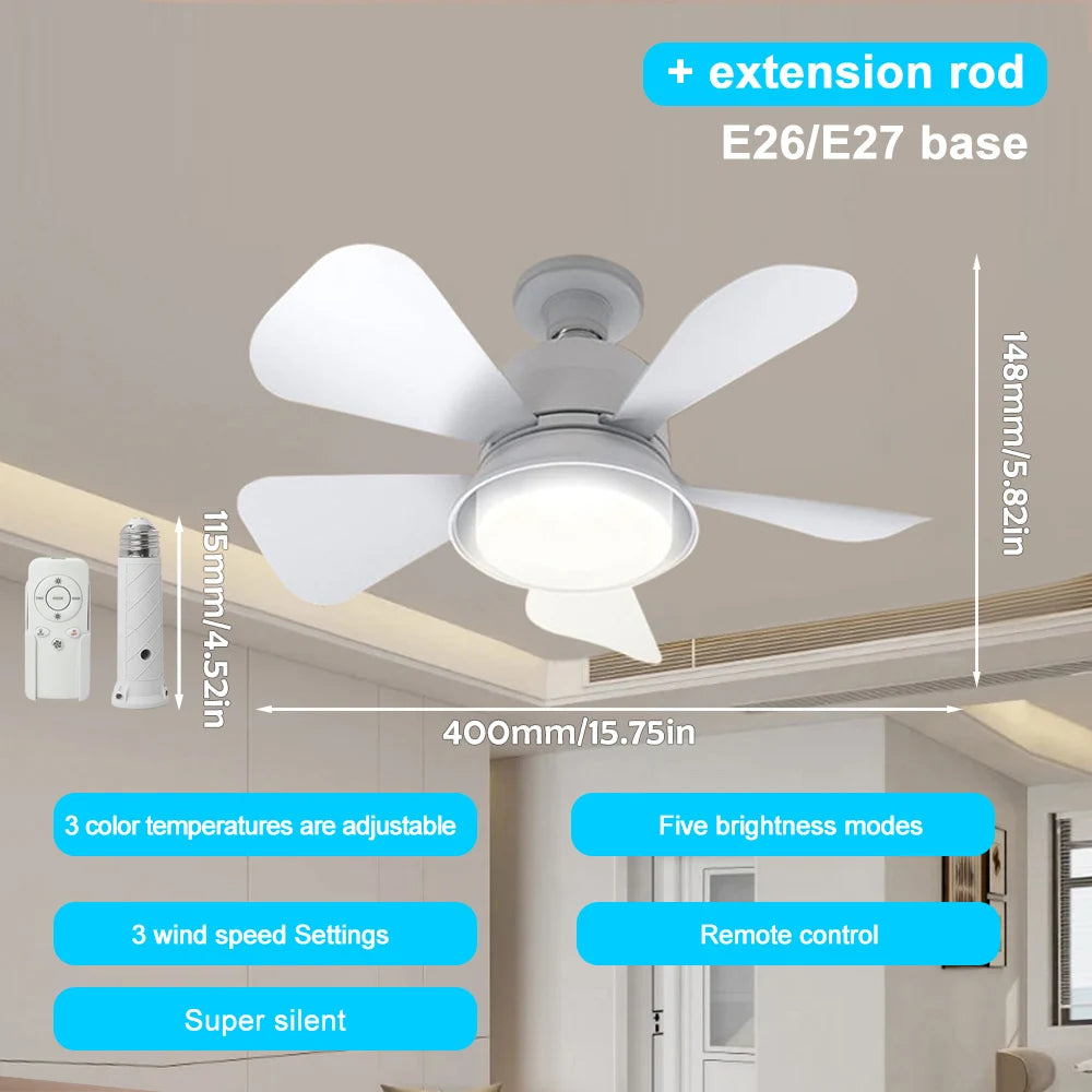 15.75 Inch/40cm E26/E27 Base Ceiling Fan with Light and Remote Control Dimmable, Noiseless, White Smart Home Ceiling Fan Light