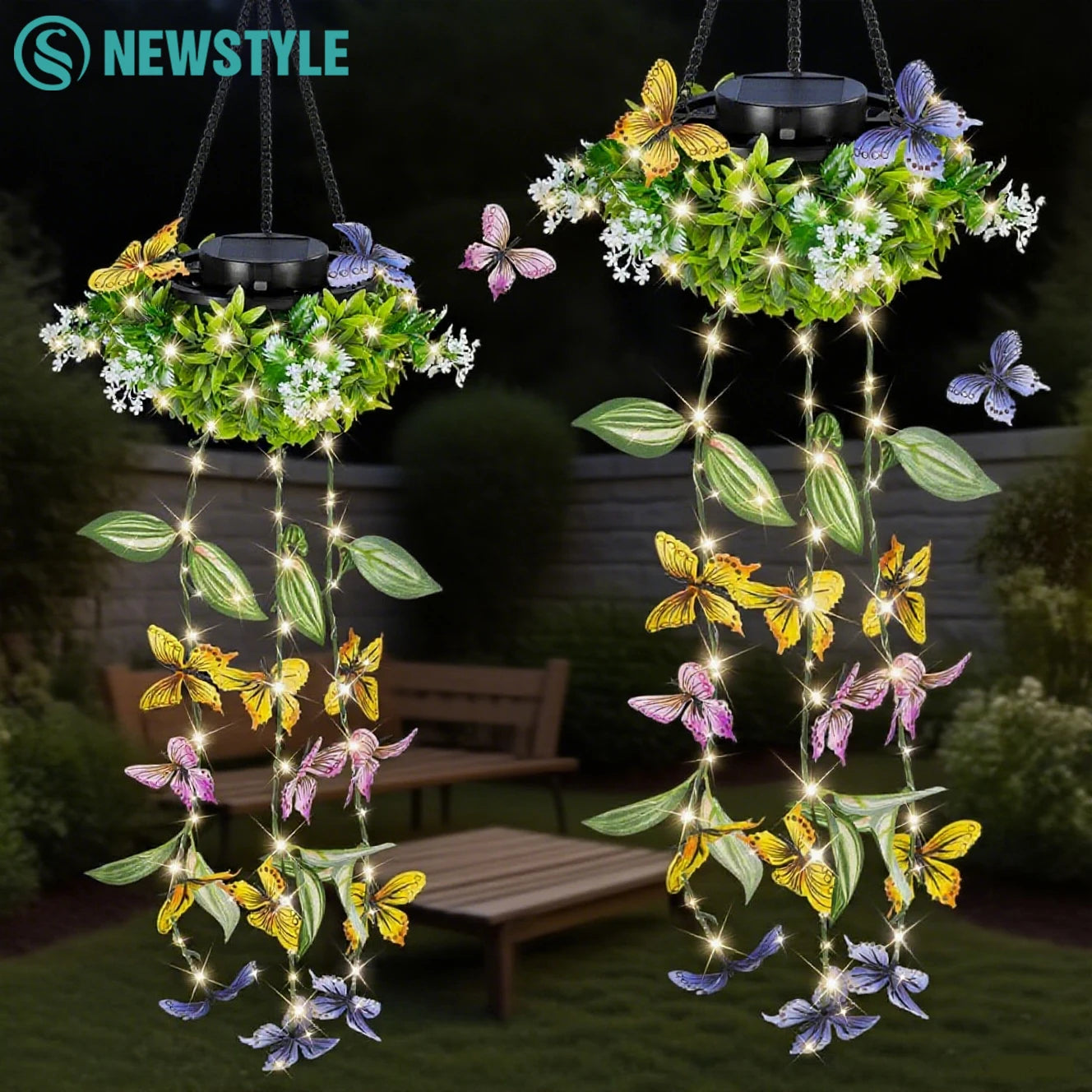 2 Pcs Solar Artificial Vines Hanging Light LED Fairy Lights Fake Butterfly Flower Decor Waterproof Garden Patio Festive