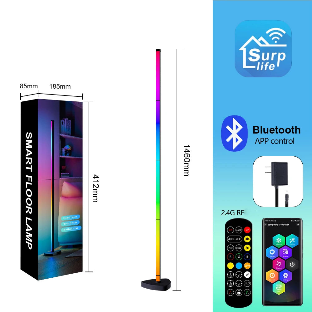 110-240V LED Smart RGBIC Corner Floor Lamp with APP and Remote Control 146cm DIY Length Dynamic Mode Pickup Rhythm Million Color