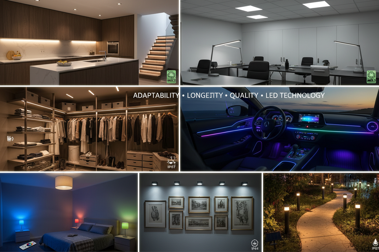 how versatile and problem solving could led lights be. its functionality among the house, office, and rooms closet, car, stair, wall and all other you could accumulate plus the different colors and sizes. different usage and its durability and quality